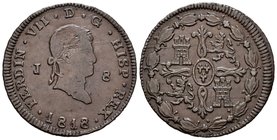 Fernando VII (1808-1833). 8 maravedís. 1818. Jubia. (Cal-1552). Ae. 10,73 g. Hoja en anverso y exceso de metal en reverso. MBC+. Est...35,00.