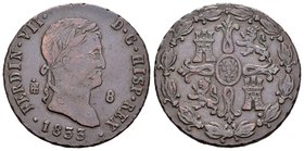 Fernando VII (1808-1833). 8 maravedís. 1833. Segovia. (Cal-1697 variante). Ae. 11,68 g. Punto ladeado sobre el acueducto en lugar de cabeza de Pompeyo...