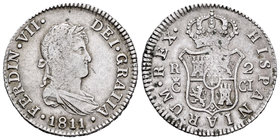Fernando VII (1808-1833). 2 reales. 1811. Cádiz. CI. (Cal-837). Ag. 5,70 g. Rayita en anverso. MBC. Est...60,00.