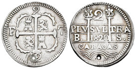 Fernando VII (1808-1833). 2 reales. 1820. Caracas. BS. (Cal-847). Ag. 4,94 g. Agujero. Castillos y leones. Escasa. MBC+. Est...180,00.