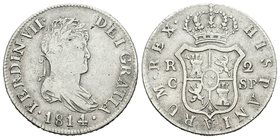 Fernando VII (1808-1833). 2 reales. 1814. Cataluña. SF. (Cal-861). Ag. 5,81 g. Muy escasa. MBC-/MBC. Est...175,00.
