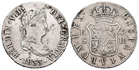 Fernando VII (1808-1833). 2 reales. 1833. Sevilla. JB. (Cal-1041). Ag. 5,67 g. MBC. Est...35,00.