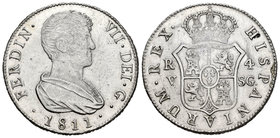 Fernando VII (1808-1833). 4 reales. 1811. Valencia. SG. (Cal-830). Ag. 13,38 g. Habitual acuñación descuidada. SC-. Est...200,00.