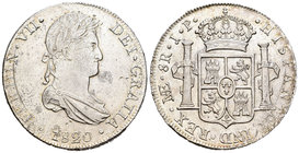 Fernando VII (1808-1833). 8 reales. 1820. Lima. JP. (Cal-488). Ag. 27,80 g. Pequeña oxidación y golpecitos en anverso. Parte de brillo original. EBC-/...