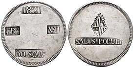 Fernando VII (1808-1833). 30 sous. 1821. Mallorca. (Cal-525). Ag. 26,43 g. Pequeñas marcas. MBC. Est...160,00.