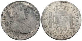 Fernando VII (1808-1833). 8 reales. 1809. México. TH. (Cal-539). Ag. 26,44 g. Busto imaginario. Rayas. BC. Est...35,00.