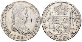 Fernando VII (1808-1833). 8 reales. 1816. México. JJ. (Cal-559). Ag. 27,01 g. Exceso de metal en reverso y raya en anverso. MBC+. Est...65,00.