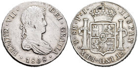 Fernando VII (1808-1833). 8 reales. 1808. Potosí. PJ. (Cal-599). Ag. 26,93 g. Rayitas en anverso. Escasa. MBC+/EBC-. Est...80,00.
