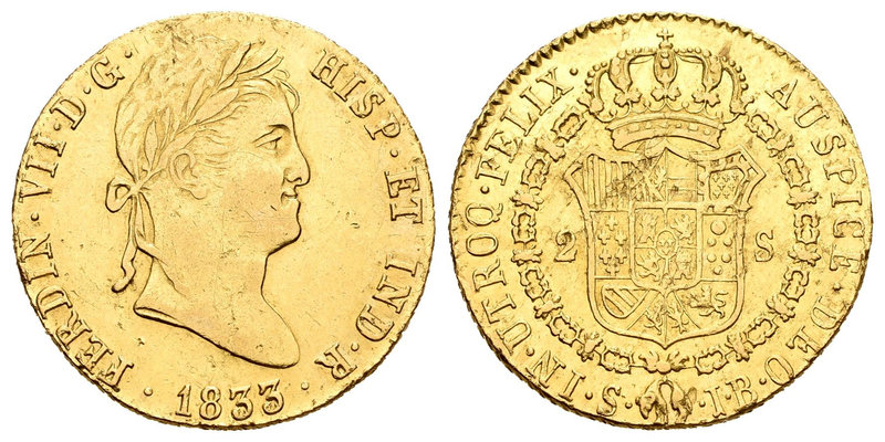 Fernando VII (1808-1833). 2 escudos. 1833. Sevilla. JB. (Cal-277). Au. 6,70 g. H...