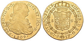 Fernando VII (1808-1833). 8 escudos. 1809. Popayán. JF. (Cal-65). (Cal onza-1275). Au. 27,02 g. Mínimas marquitas. Restos de brillo original en anvers...