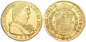 Fernando VII (1808-1833). 8 escudos. 1810. Santiago. FJ. (Cal-114). (Cal onza-1346). Au. 27,01 g. Busto almirante. Se podría considerar una variante c...
