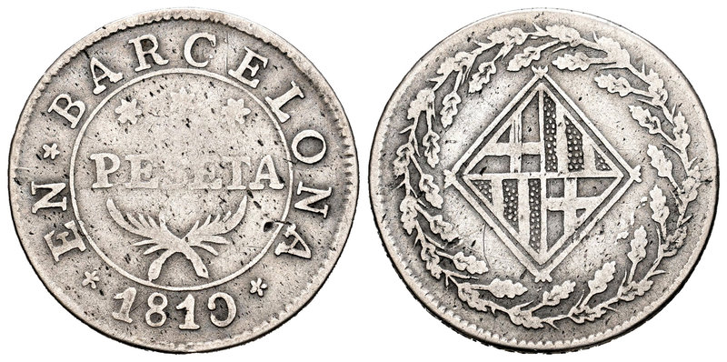 José Napoleón (1808-1814). 1 peseta. 1810. Barcelona. (Cal-46). Ag. 5,20 g. MBC-...