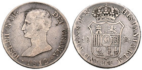 José Napoleón (1808-1814). 10 reales. 1812. Madrid. RN. (Cal-44). Ag. 12,99 g. Un solo mundo entre las columnas de Hércules. Muy escasa. BC+/MBC-. Est...