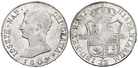 José Napoleón (1808-1814). 20 reales. 1809. Madrid. AI. (Cal-24). Ag. 26,62 g. MBC+. Est...250,00.