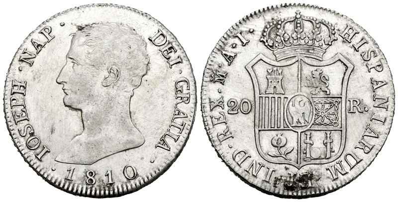 José Napoleón (1808-1814). 20 reales. 1810. Madrid. AI. (Cal-25). Ag. 26,70 g. L...