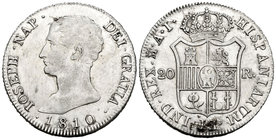 José Napoleón (1808-1814). 20 reales. 1810. Madrid. AI. (Cal-25). Ag. 26,70 g. Leves rayas de ajuste en reverso. EBC-. Est...320,00.