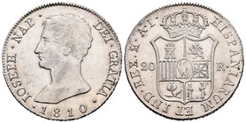 José Napoleón (1808-1814). 20 reales. 1810. Madrid. AI. (Cal-25). Ag. 26,96 g. Bonito ejemplar. EBC/EBC-. Est...260,00.