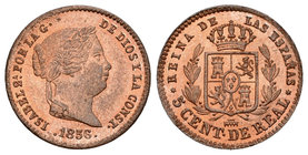 Isabel II (1833-1868). 5 céntimos de real. 1856. Segovia. (Cal-613). Ae. 1,91 g. Brillo y color originales. SC. Est...90,00.