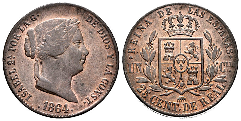 Isabel II (1833-1868). 25 céntimos de real. 1864. Segovia. (Cal-599). Ae. 9,89 g...