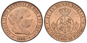 Isabel II (1833-1868). 2 1/2 céntimo de escudo. 1868. Segovia. OM. (Cal-648). Ae. 6,28 g. Marquita en anverso. Brillo original. SC-. Est...100,00.