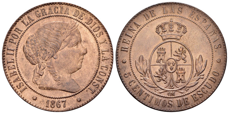 Isabel II (1833-1868). 5 céntimos de escudo. 1867. Barcelona. OM. (Cal-624). Ae....