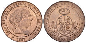 Isabel II (1833-1868). 5 céntimos de escudo. 1867. Barcelona. OM. (Cal-624). Ae. 12,06 g. EBC+. Est...120,00.