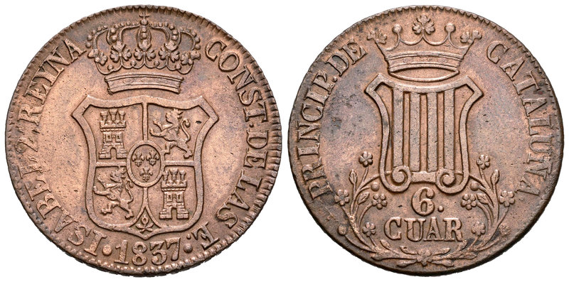 Isabel II (1833-1868). 6 cuartos. 1837. Barcelona. (Cal-684). Ae. 13,56 g. MBC+....