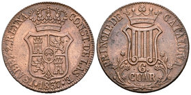 Isabel II (1833-1868). 6 cuartos. 1837. Barcelona. (Cal-684). Ae. 13,56 g. MBC+. Est...35,00.