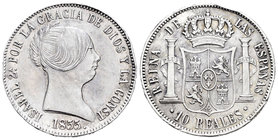 Isabel II (1833-1868). 10 reales. 1855. Barcelona. (Cal-210). Ag. 12,95 g. Golpes en el canto. Escasa. MBC+. Est...100,00.