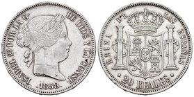 Isabel II (1833-1868). 20 reales. 1858. Madrid. CR. (Cal-180). Ag. 25,79 g. Rayas y golpes en el canto. MBC. Est...110,00.