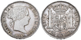 Isabel II (1833-1868). 20 reales. 1859. Madrid. (Cal-181). Ag. 25,86 g. Golpes en canto. MBC/MBC+. Est...110,00.
