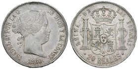 Isabel II (1833-1868). 20 reales. 1860. Madrid. (Cal-182). Ag. 25,83 g. Golpecitos en el canto. Tono. EBC. Est...450,00.