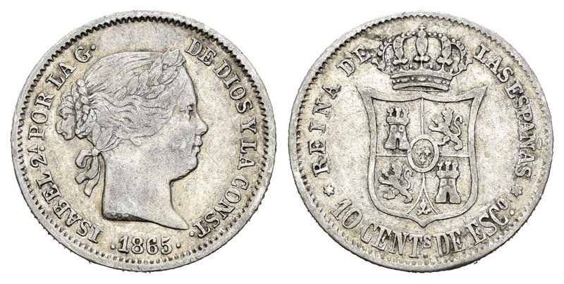 Isabel II (1833-1868). 10 céntimos de escudo. 1865. Madrid. (Cal-445). Ag. 1,25 ...