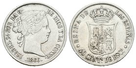 Isabel II (1833-1868). 40 céntimos de escudo. 1866. Madrid. (Cal-338). Ag. 5,12 g. Pequeño golpe en canto. MBC-. Est...15,00.