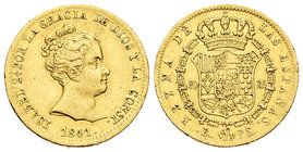 Isabel II (1833-1868). 80 reales. 1841. Barcelona. PS. (Cal-80). Au. 6,76 g. Marquitas. MBC+. Est...260,00.