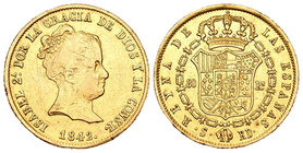 Isabel II (1833-1868). 80 reales. 1842. Sevilla. RD. (Cal-92). Au. 6,66 g. Rayas en anverso y golpecitos en el canto. MBC/EBC-. Est...260,00.