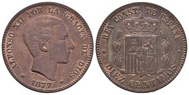 Alfonso XII (1874-1885). 10 céntimos. 1877. Barcelona. OM. (Cal-67). Ae. 9,84 g. EBC-/MBC+. Est...30,00.