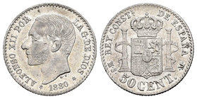 Alfonso XII (1874-1885). 50 céntimos. 1880*8-0. Madrid. MSM. (Cal-63). Ag. 2,41 g. Restos de brillo original. EBC+. Est...50,00.