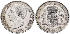Alfonso XII (1874-1885). 5 pesetas. 1875*18-75. Madrid. DEM. (Cal-25a). Ag. 25,03 g. Golpecitos. MBC. Est...25,00.