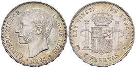 Alfonso XII (1874-1885). 5 pesetas. 1885*18-87. Madrid. MSM. (Cal-42). Ag. 25,03 g. Bonito ejemplar. MBC+/EBC-. Est...80,00.