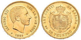 Alfonso XII (1874-1885). 25 pesetas. 1885*18-85. Madrid. (Cal-20). Au. 8,06 g. Muy escasa. SC-. Est...2400,00.