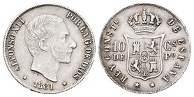 Alfonso XII (1874-1885). 10 centavos. 1881. Manila. (Cal-94). Ag. 2,58 g. MBC+. Est...45,00.