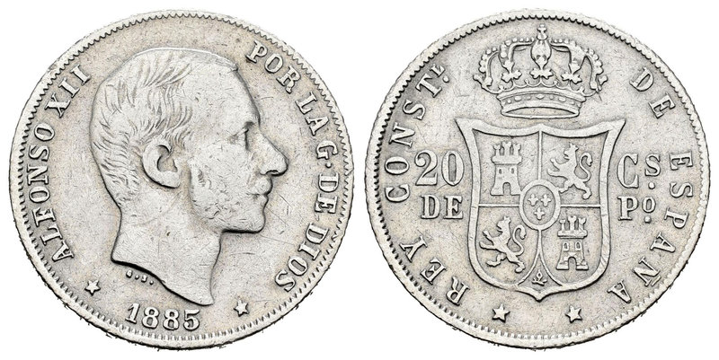 Alfonso XII (1874-1885). 20 centavos. 1885. Manila. (Cal-92). Ag. 5,06 g. BC+. E...