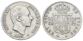 Alfonso XII (1874-1885). 20 centavos. 1885. Manila. (Cal-92). Ag. 5,06 g. BC+. Est...25,00.