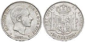 Alfonso XII (1874-1885). 50 centavos. 1881. Manila. (Cal-79). Ag. 12,82 g. Golpecitos en el canto. MBC. Est...70,00.