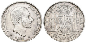 Alfonso XII (1874-1885). 50 centavos. 1881. Manila. (Cal-79). Ag. 12,88 g. MBC+. Est...60,00.