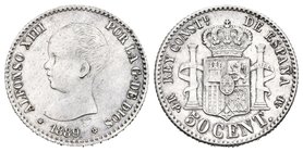 Alfonso XIII (1886-1931). 50 céntimos. 1889*8-9. Madrid. MPM. (Cal-54). Ag. 2,54 g. EBC. Est...60,00.