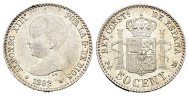 Alfonso XIII (1886-1931). 50 céntimos. 1892*9-2. Madrid. PGM. (Cal-55). Ag. 2,49 g. Parte de brillo original. EBC. Est...18,00.