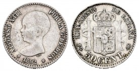 Alfonso XIII (1886-1931). 50 céntimos. 1892*2-2. Madrid. PGM. (Cal-56). Ag. 2,53 g. Escasa. MBC. Est...40,00.