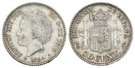 Alfonso XIII (1886-1931). 50 céntimos. 1894*9-4. Madrid. PGV. (Cal-58). Ag. 2,48 g. EBC-. Est...25,00.